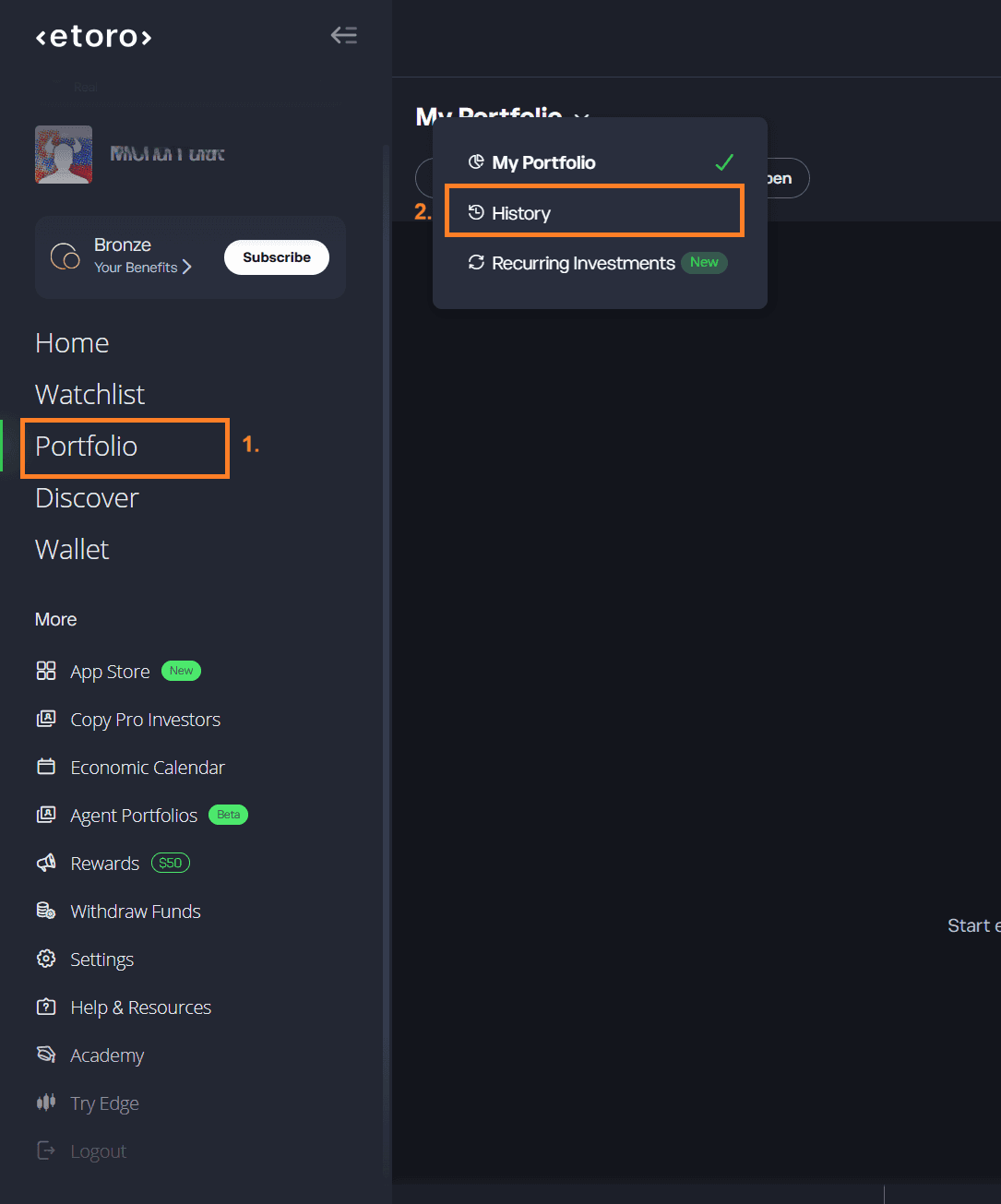 Ľavá ponuka eToro s položkou Portfolio a ponuka My Portfolio s položkou History