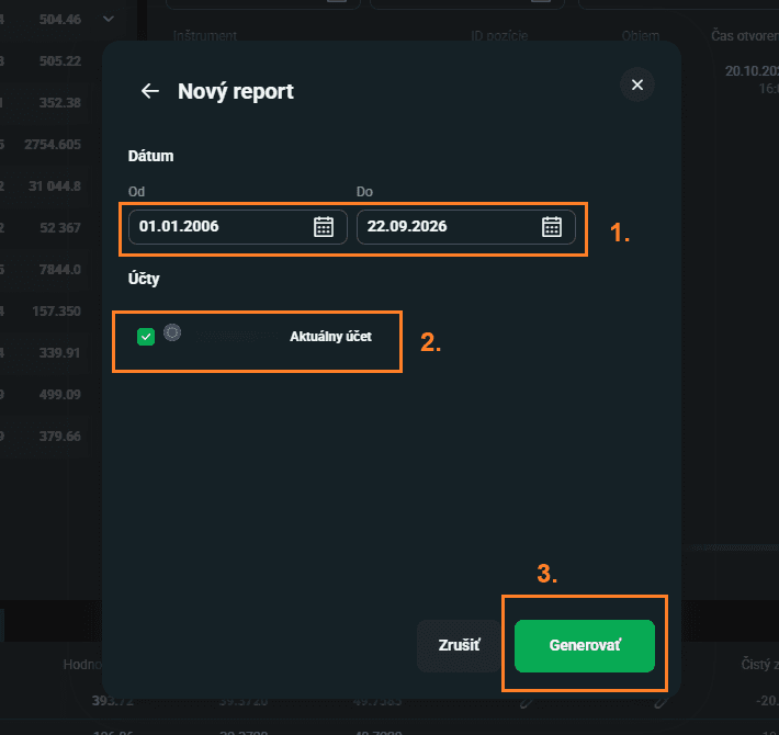 The New report window with the period, the selected account and the Generate button